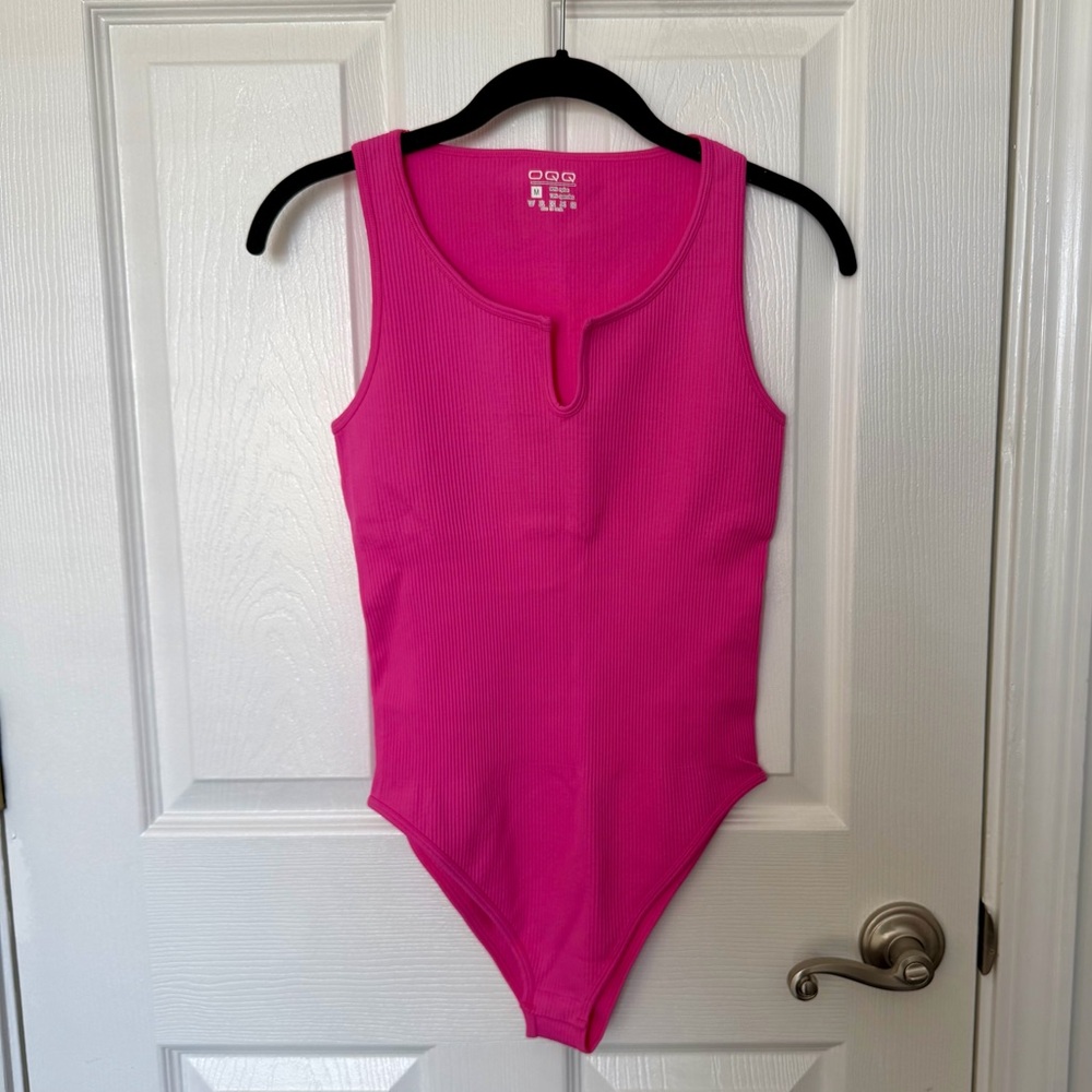 Women’s Ribbed Notch-Neck Bodysuit in Hot Pink